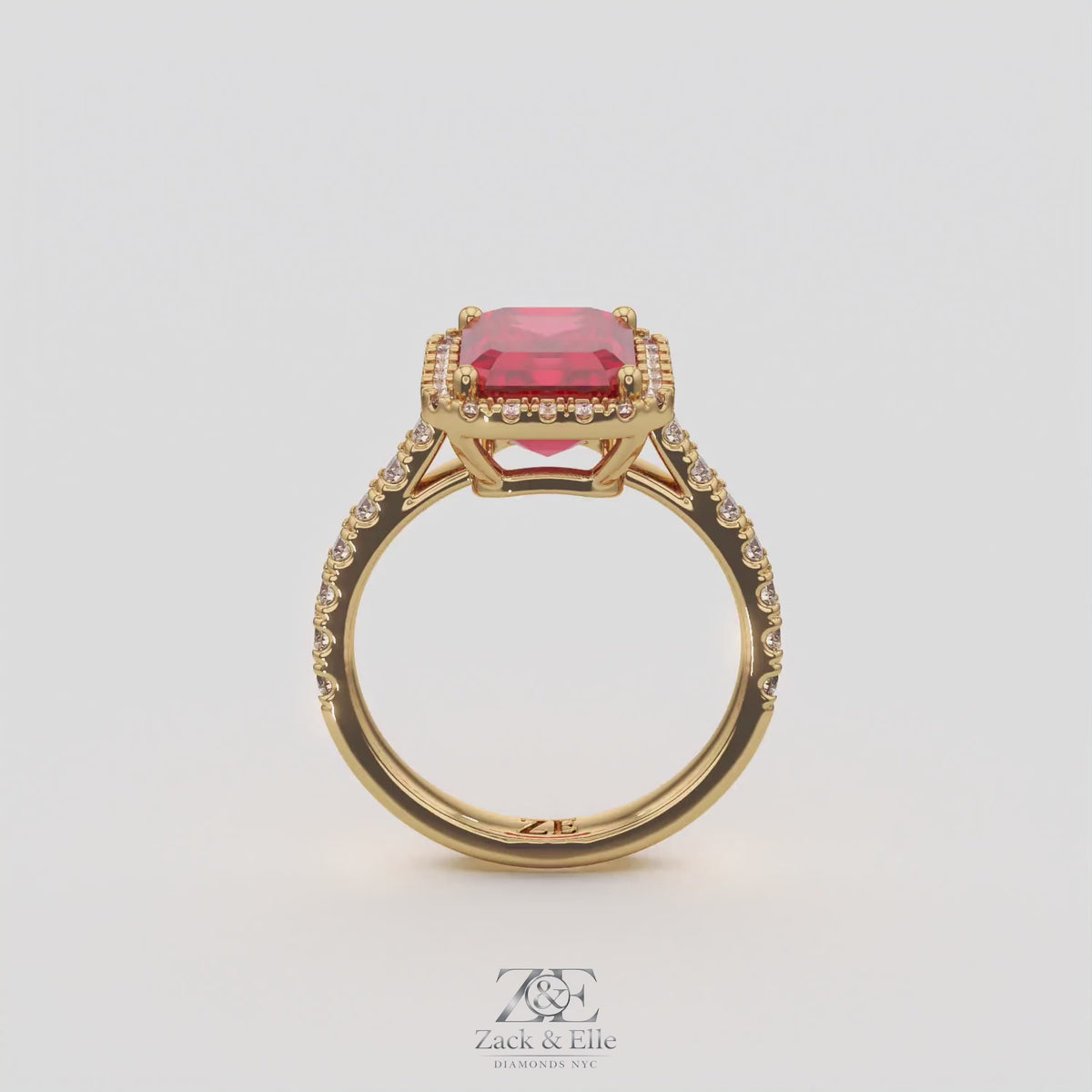 3.50 Ct Emerald Cut Red Ruby and Diamond Ring, in yellow gold, 360 spin