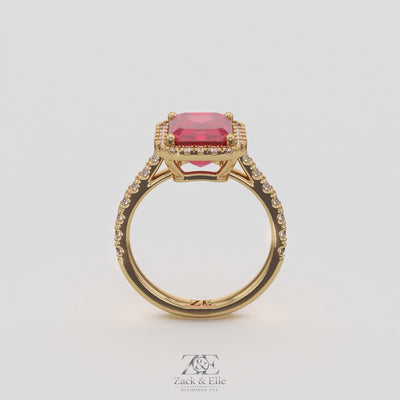 3.50 Ct Emerald Cut Red Ruby and Diamond Ring, in yellow gold, 360 spin