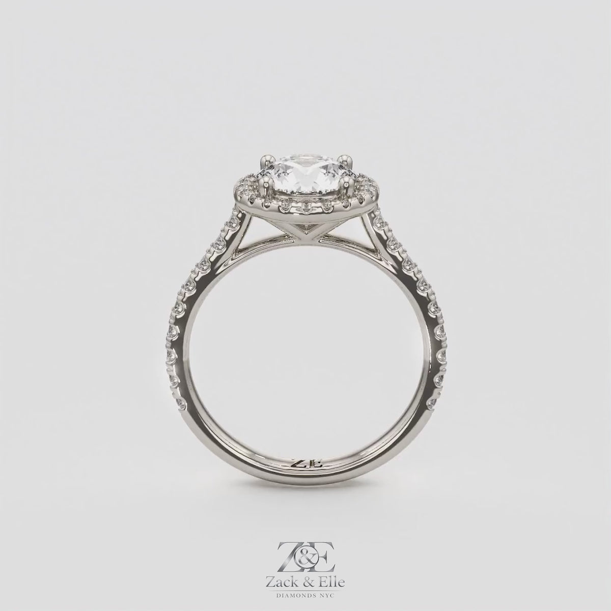 2.00 Ct D VS1 Round Lab-Grown Diamond Halo Ring with Round Accents, in white gold, 360 spin