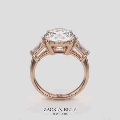 2.40 Ct D Color VS1 Round Diamond Three Stone Ring With Tapered Baguettes, in rose gold, 360 spin