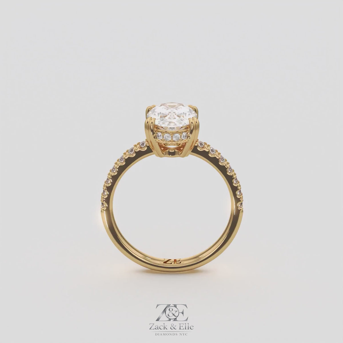 1.75 Ct D VS1 Oval Lab Grown Diamond Hidden Halo Engagement Ring, in yellow gold, 360 spin