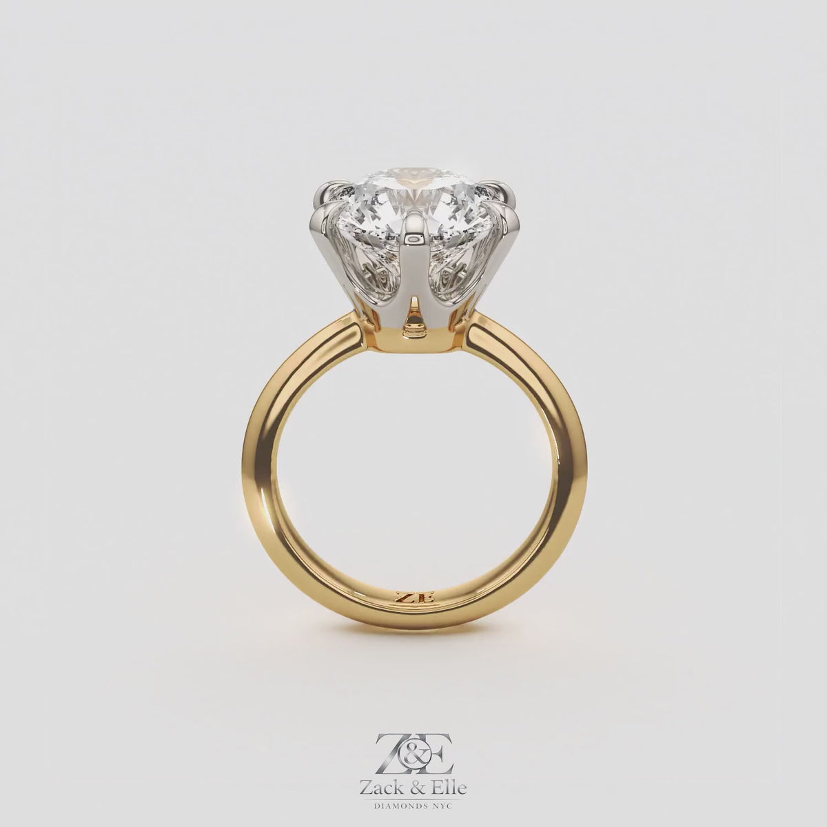5.00 Ct E VS1 Round Lab-Grown Diamond Solitaire Ring, in yellow gold, 360 spin