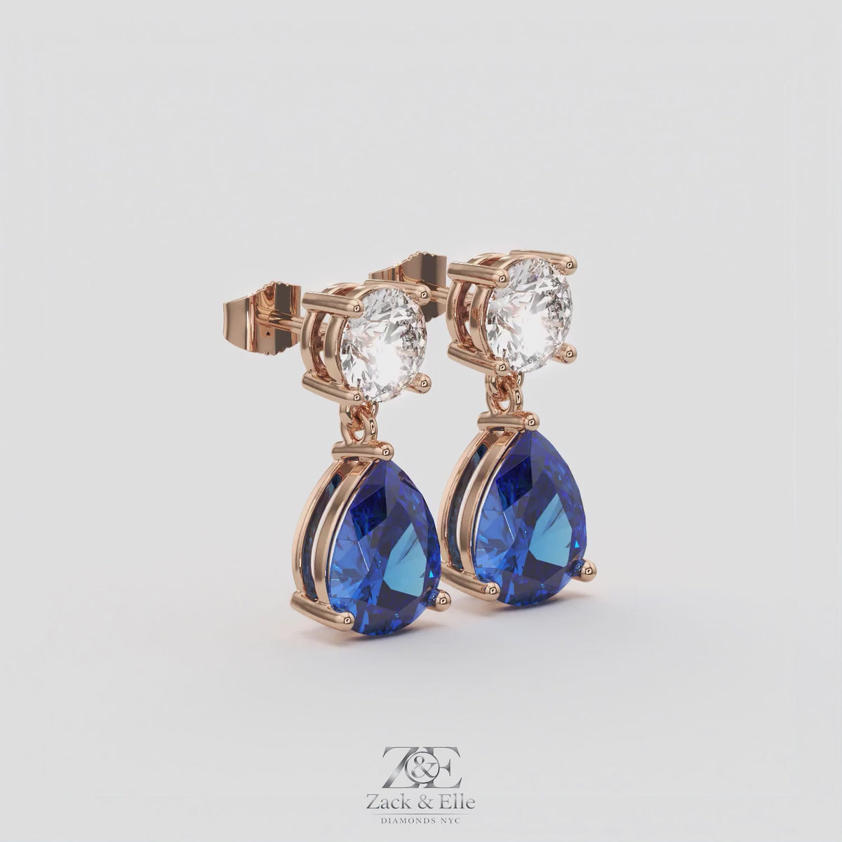 6.00 Ct Blue Sapphire and Lab-Grown Diamond Drop Earrings, in rose gold, 360 spin