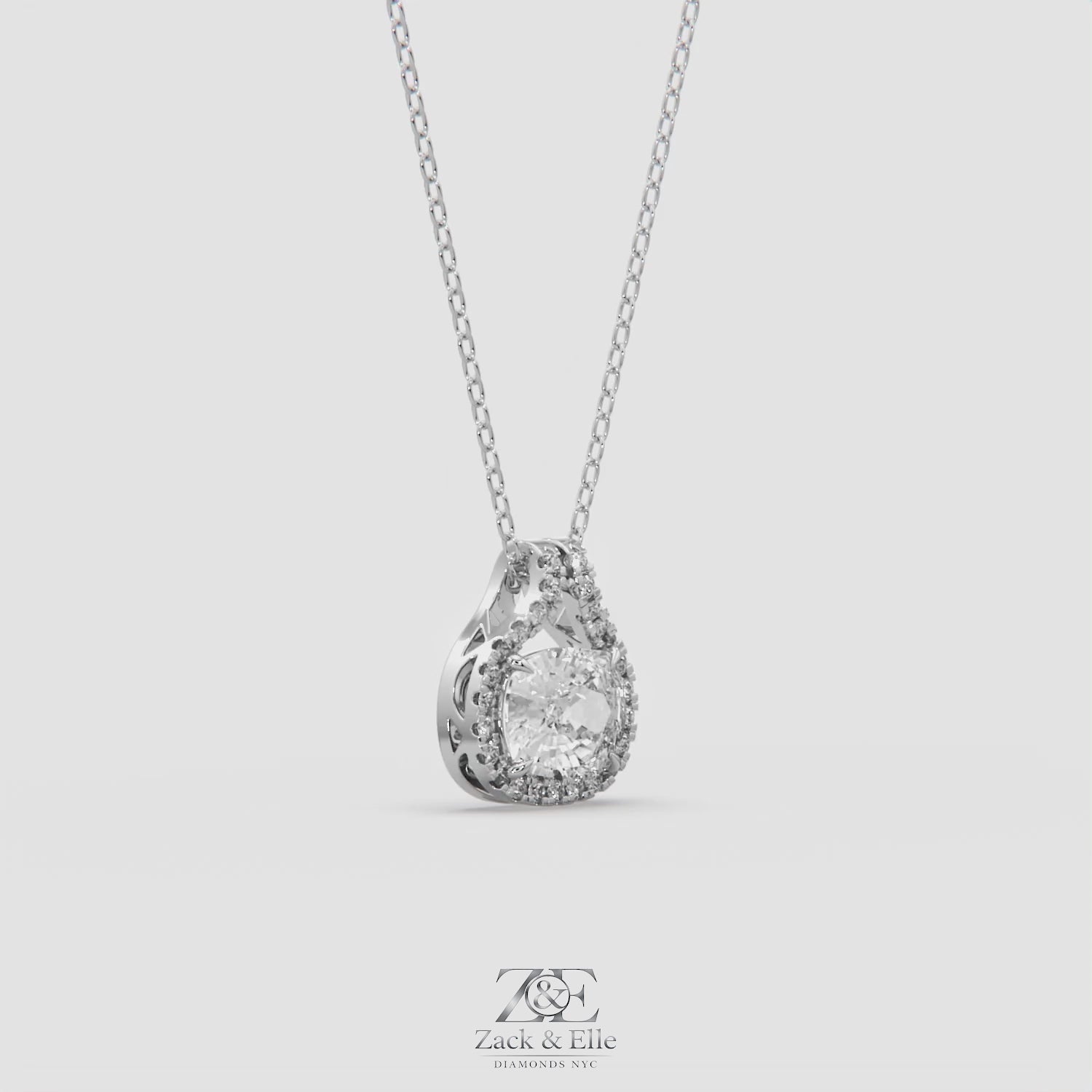 2.20 Ct E Color VS1 Cushion East West Diamond Pendant, in white gold, 360 spin