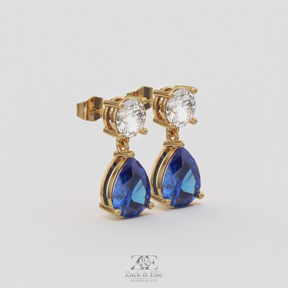 6.00 Ct Blue Sapphire and Lab-Grown Diamond Drop Earrings, in yellow gold, 360 spin
