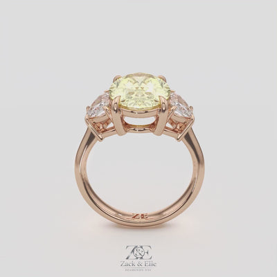 5.70 Ct Fancy Intense Yellow Oval Diamond Three Stone Ring With Half Moon Accents, in white gold, 360 spin