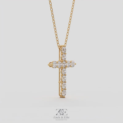5.50 Ct D VS1 Round Lab-Grown Diamond Cross Pendant, in yellow gold, 360 spin