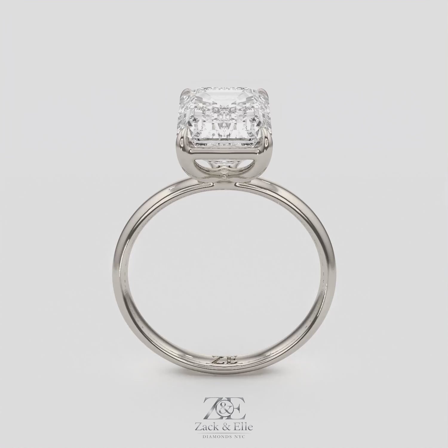 5.00 Ct E VS1 Emerald Cut Lab-Grown Diamond Solitaire Ring, in white gold, 360 spin