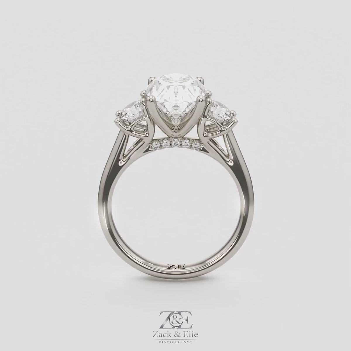 3.25 Ct E VS1 Oval Lab-Grown Diamond Ring With Round Accents, in white gold, 360 spin