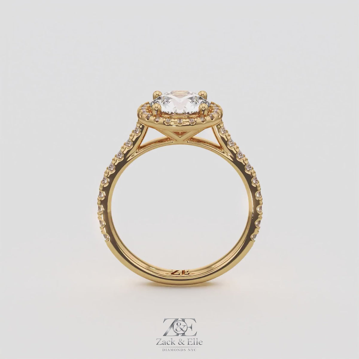 2.00 Ct D VS1 Round Lab-Grown Diamond Halo Ring with Round Accents, in yellow gold, 360 spin
