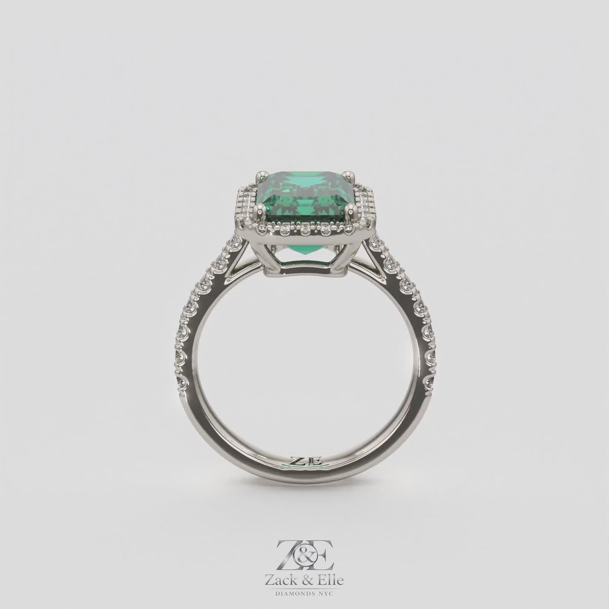 3.50 Ct Emerald Cut Green Emerald and Diamond Ring, in white gold, 360 spin