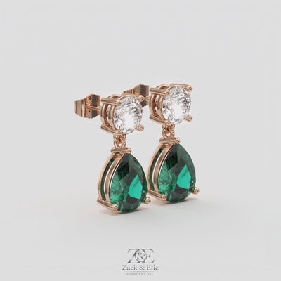6.00 Ct Pear Emerald Lab-Grown Diamond Drop Earrings, in rose gold, 360 spin