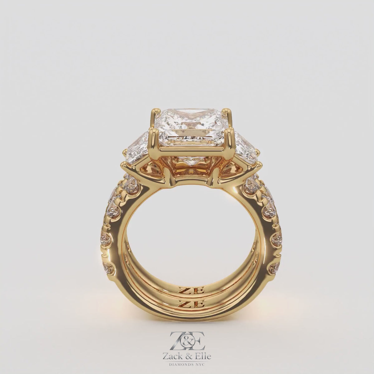 6.50 Ct E VS1 Princess Cut Lab-Grown Diamond Engagement Ring with Matching Band, in yellow gold, 360 spin