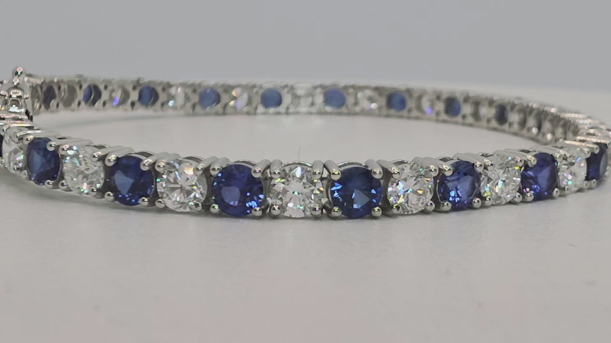 10.00 CTW Round Blue Sapphire and Diamond Tennis Bracelet, in white gold, 360 spin