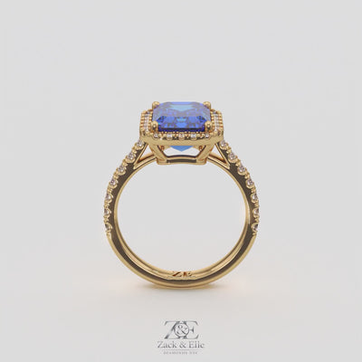3.50 Ct Emerald Cut Blue Sapphire and Diamond Ring, in yellow gold, 360 spin