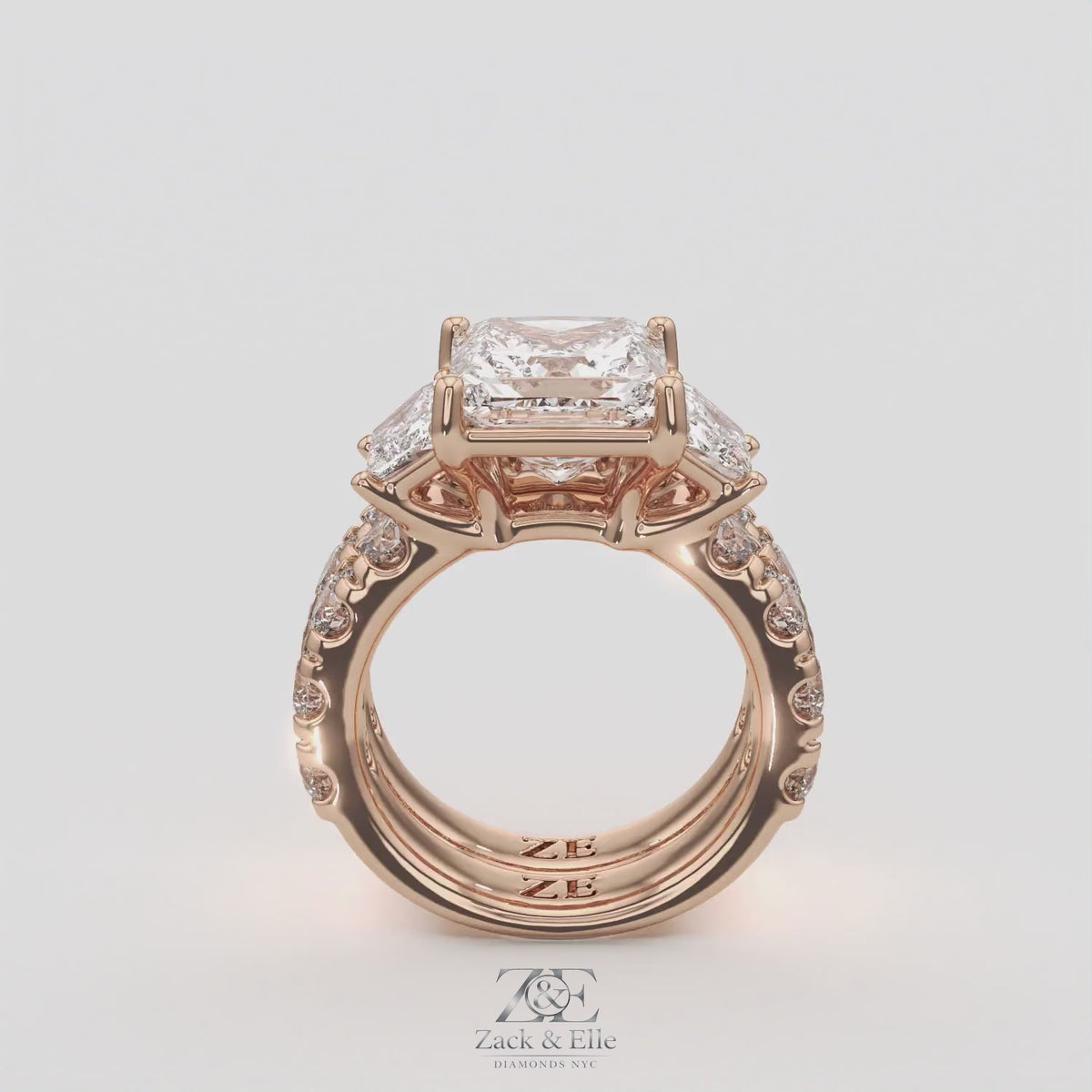 6.50 Ct E VS1 Princess Cut Lab-Grown Diamond Engagement Ring with Matching Band, in rose gold, 360 spin