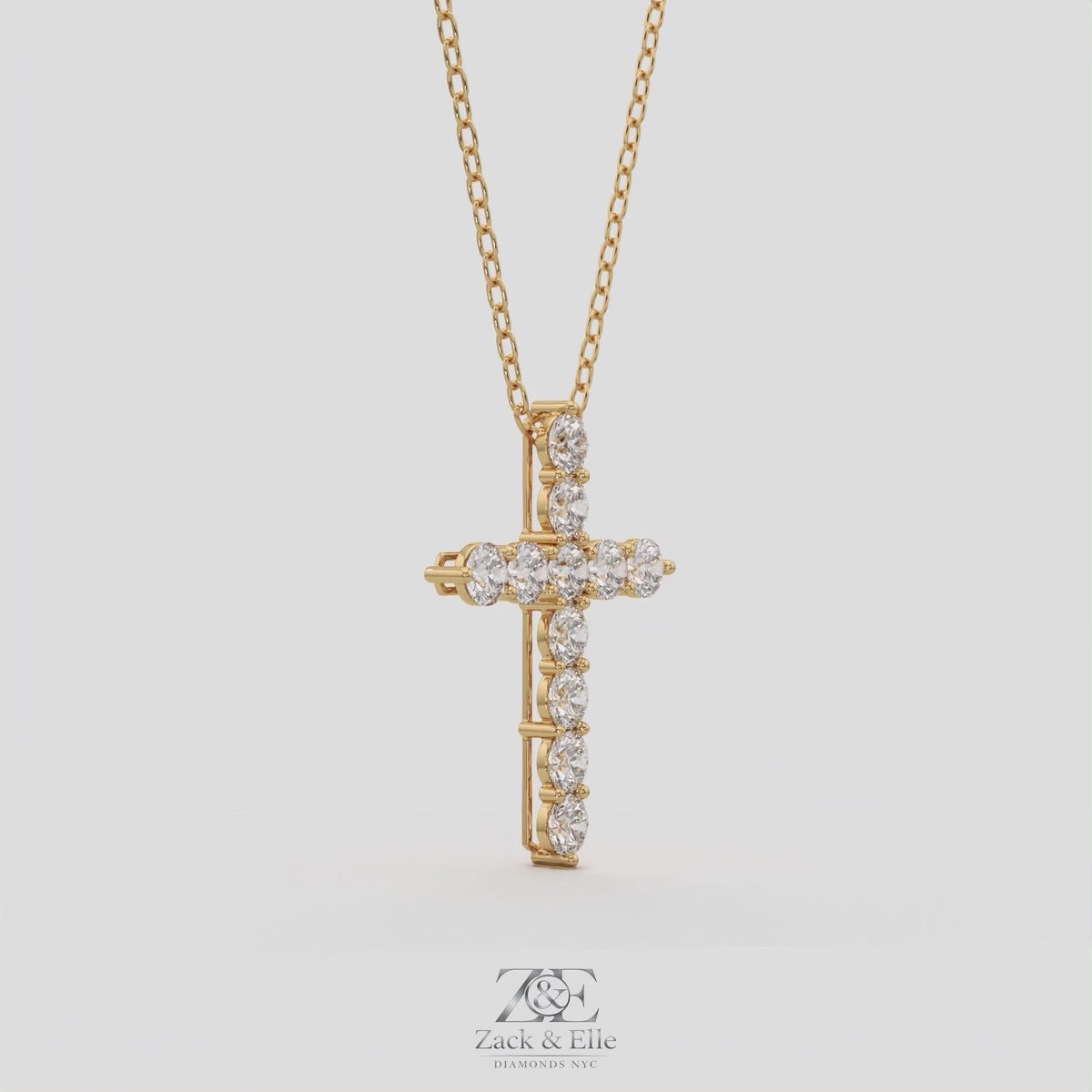 7.70 Ct D VS1 Round Lab-Grown Diamond Cross Pendant, in yellow gold, 360 spin