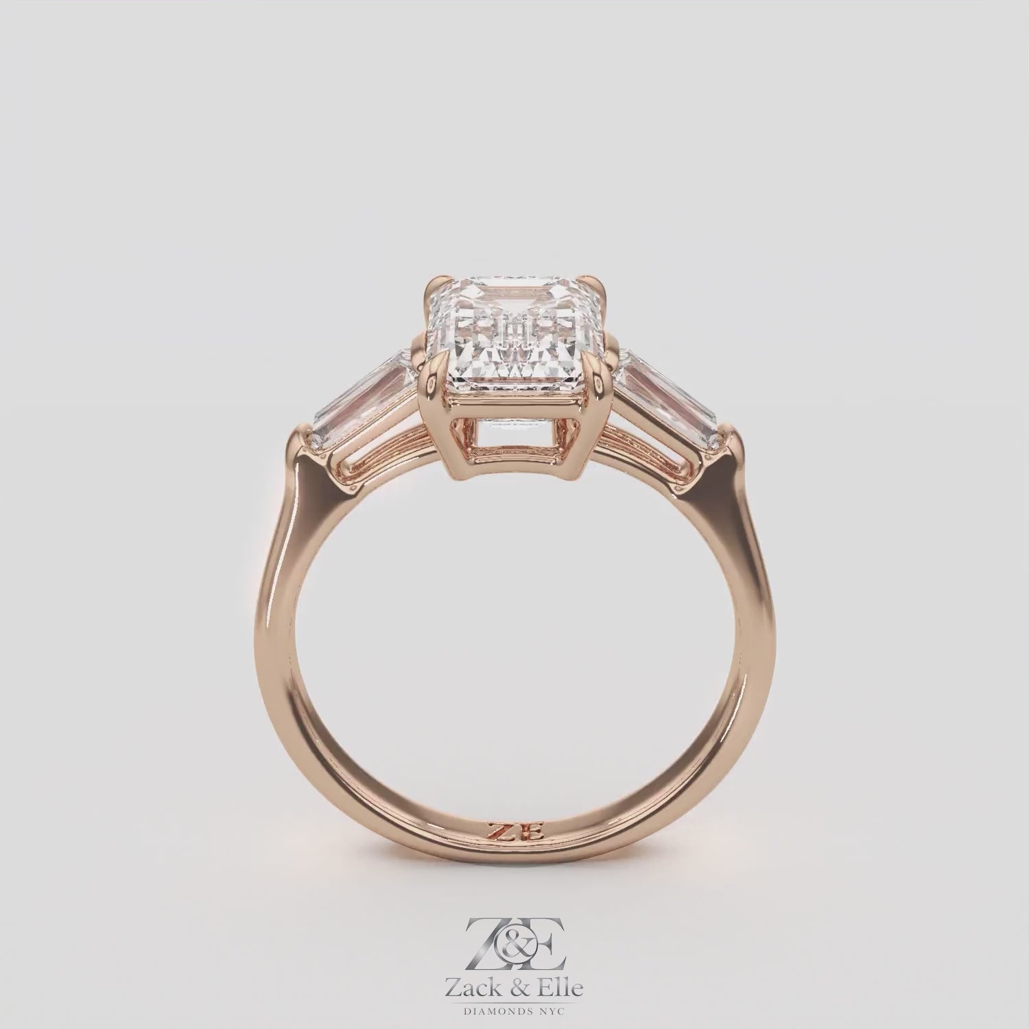 3.50 Ct D Color VS1 Emerald Cut Three Stone Diamond Ring With Tapered Baguettes, in white gold, 360 spin