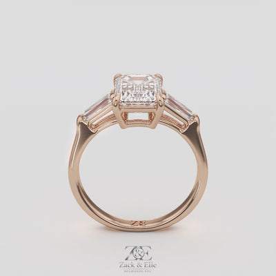 3.50 Ct D Color VS1 Emerald Cut Three Stone Diamond Ring With Tapered Baguettes, in white gold, 360 spin