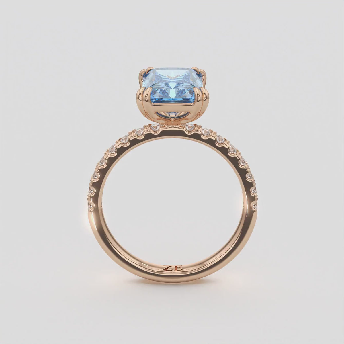 3.30 Ct Fancy Vivid Blue VS2 Radiant Lab-Grown Diamond Ring with Round Accents, in rose gold, 360 spin