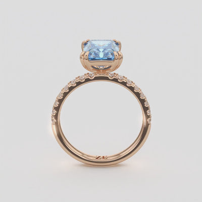 3.30 Ct Fancy Vivid Blue VS2 Radiant Lab-Grown Diamond Ring with Round Accents, in rose gold, 360 spin