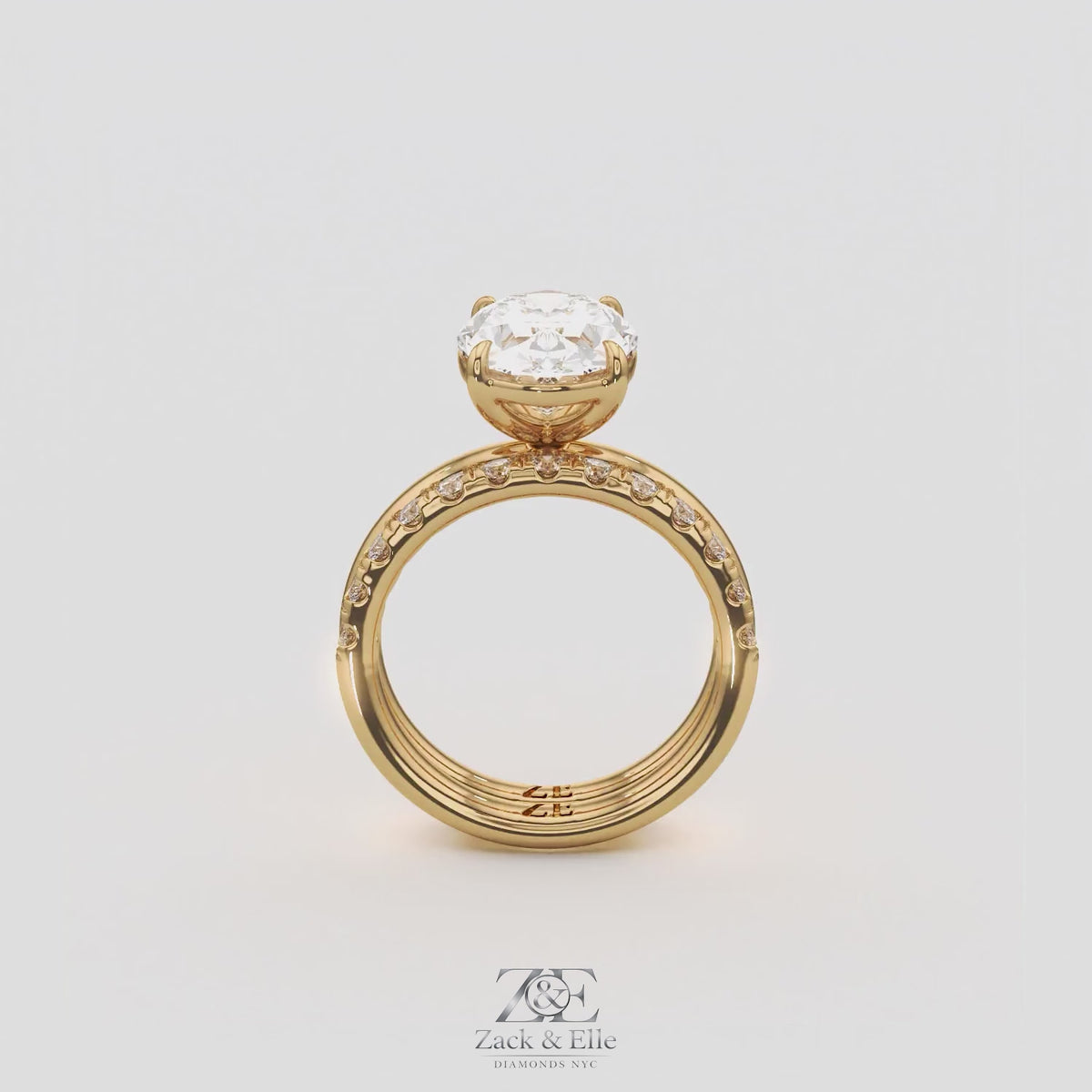 3.50 Ct D VS1 Oval Lab-Grown Diamond Solitaire with Diamond Band, in yellow gold, 360 spin
