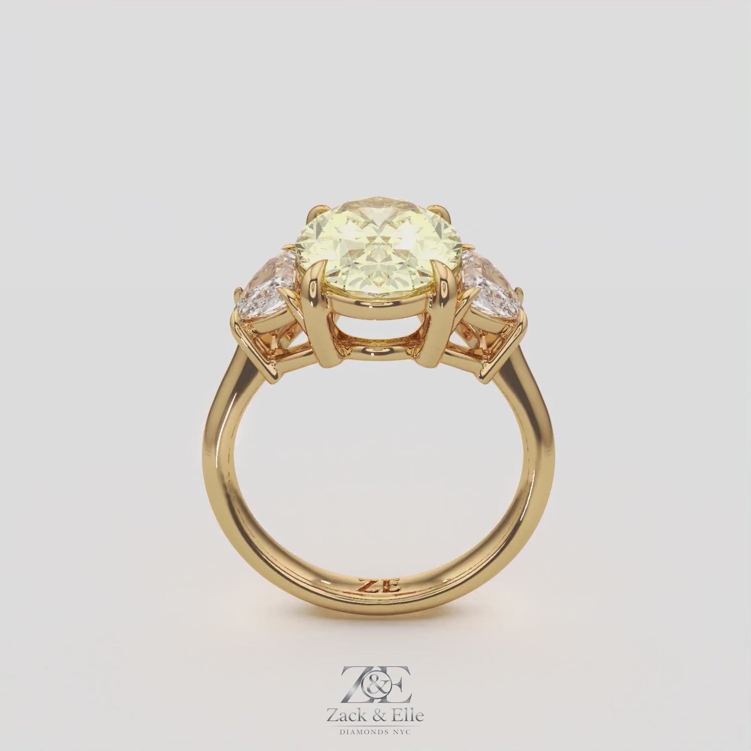 5.70 Ct Fancy Intense Yellow Oval Diamond Three Stone Ring With Half Moon Accents, in white gold, 360 spin