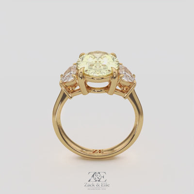 5.70 Ct Fancy Intense Yellow Oval Diamond Three Stone Ring With Half Moon Accents, in white gold, 360 spin