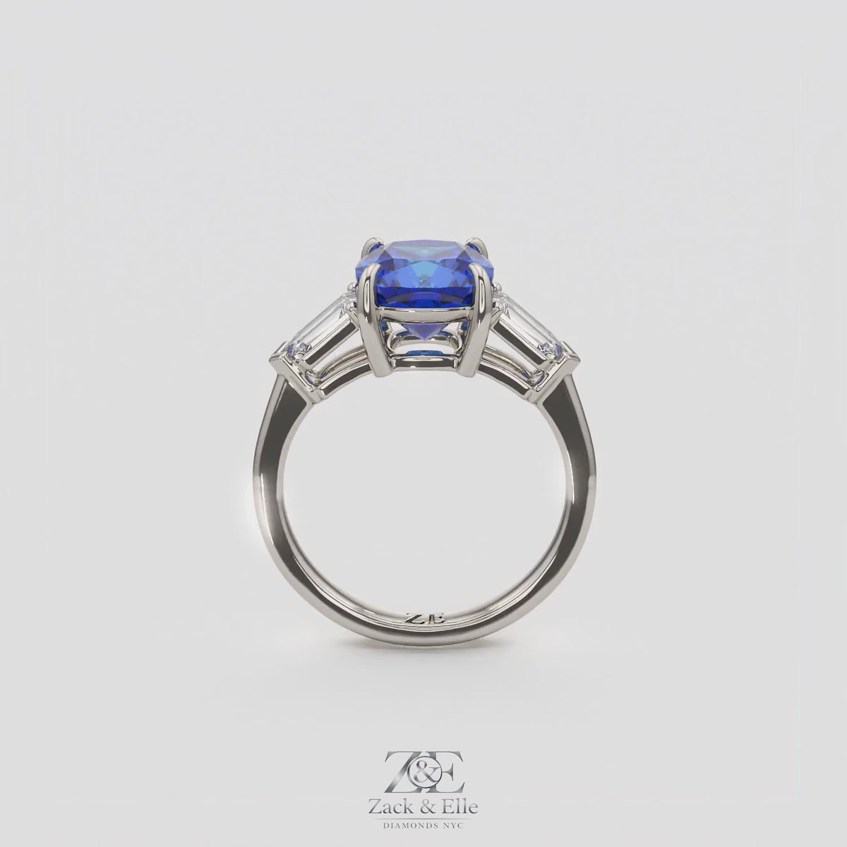 3.10 Ct Cushion Blue Sapphire and Diamond Ring, in white gold, 360 spin