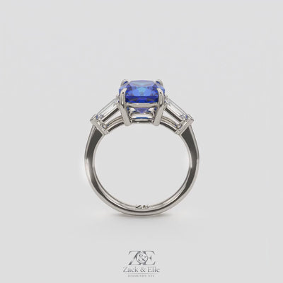 3.10 Ct Cushion Blue Sapphire and Diamond Ring, in white gold, 360 spin