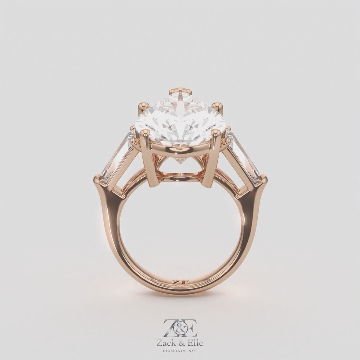 11.50 Ct F Color VS1 Pear Shape Diamond Three Stone Ring With Tapered Baguettes, in rose gold, 360 spin