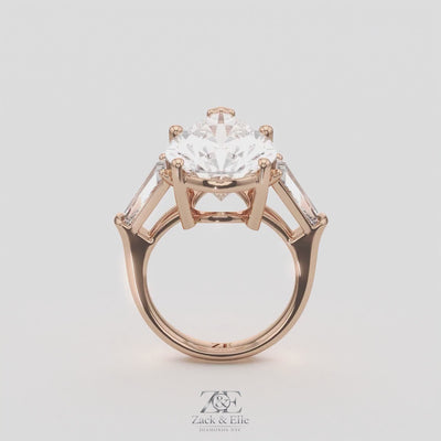 11.50 Ct F Color VS1 Pear Shape Diamond Three Stone Ring With Tapered Baguettes, in rose gold, 360 spin