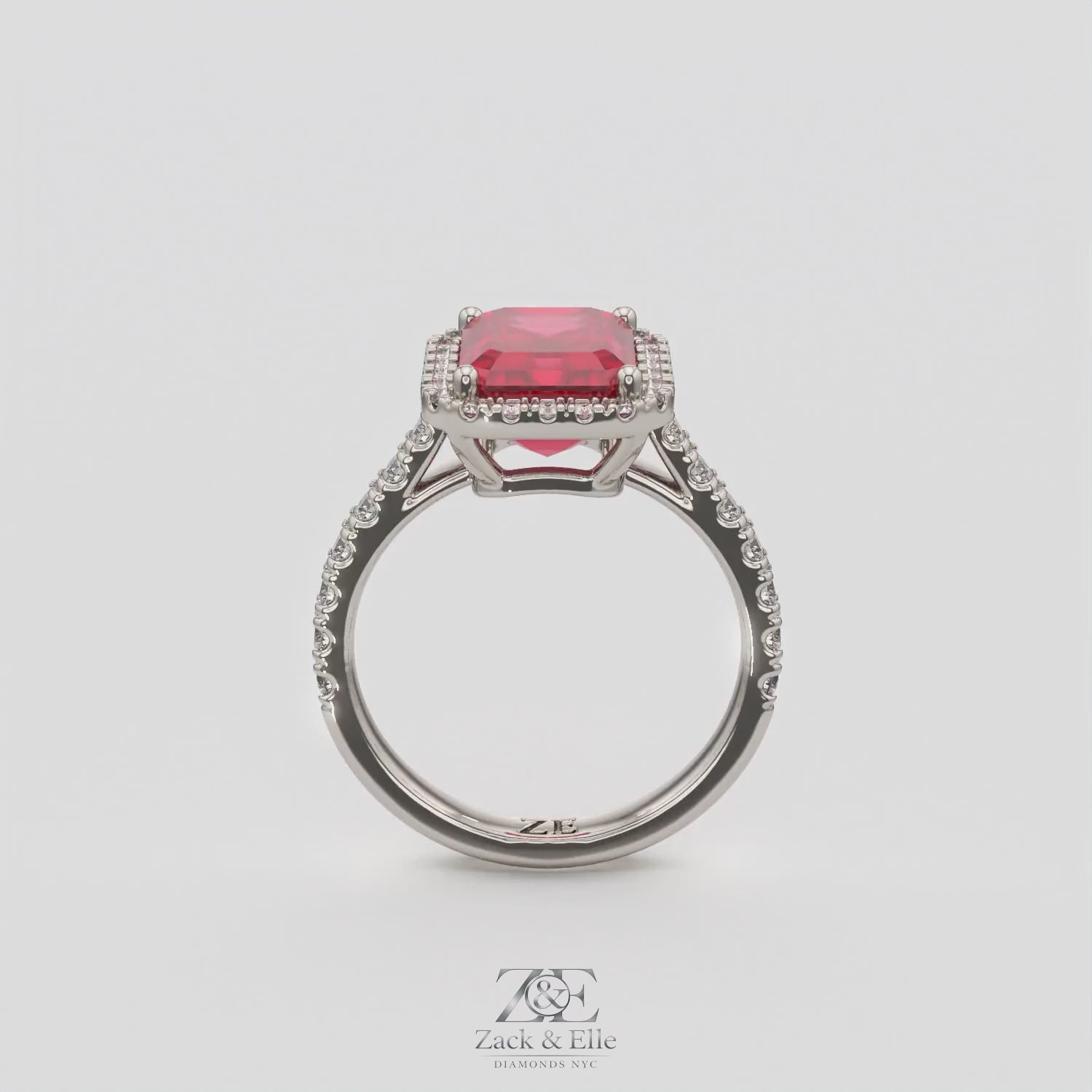 3.50 Ct Emerald Cut Red Ruby and Diamond Ring, in white gold, 360 spin