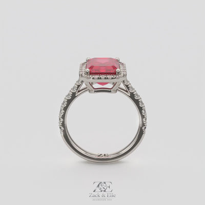 3.50 Ct Emerald Cut Red Ruby and Diamond Ring, in white gold, 360 spin