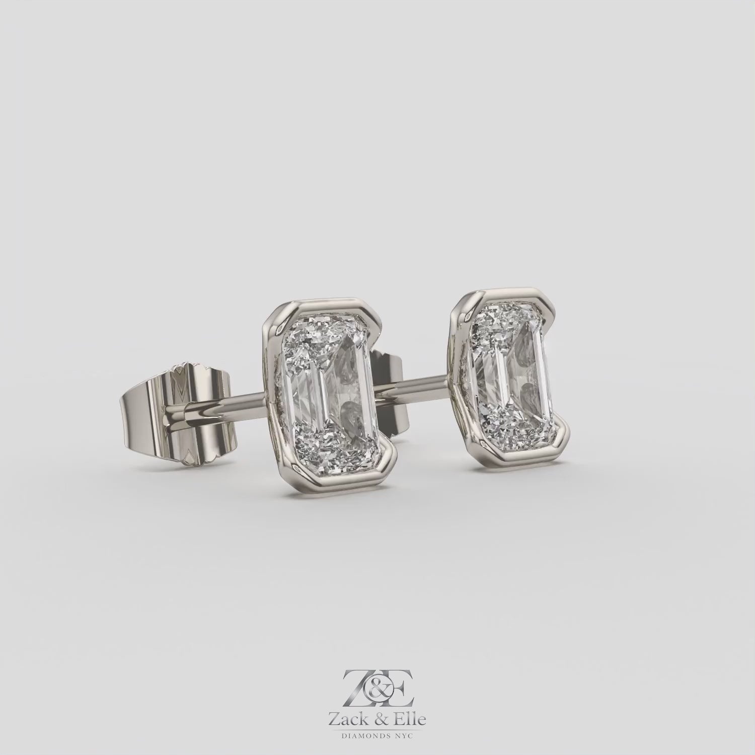 3.00 Ct E VS1 Emerald Cut Lab Grown Diamond Semi Bezel Studs, in white gold, 360 spin
