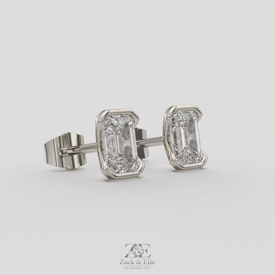 3.00 Ct E VS1 Emerald Cut Lab Grown Diamond Semi Bezel Studs, in white gold, 360 spin