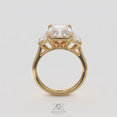 7.25 Ct E VS1 Radiant Cut Lab-Grown Diamond Three Stone Ring With Trapezoid Accents, in yellow gold, 360 spin