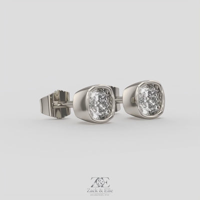 2.00 Ct E VS1 Cushion Cut Full Bezel Diamond Studs, in white gold, 360 spin