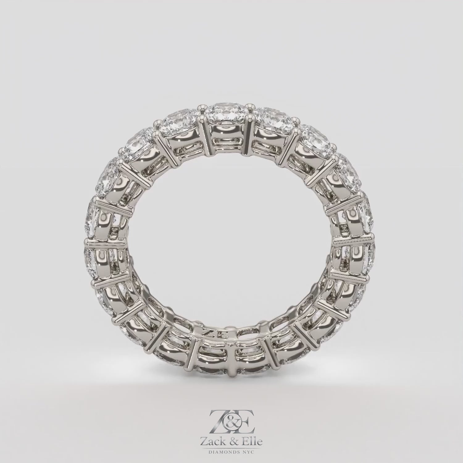 4.00 Ct D-E Color VS1 Cushion Lab Diamond Eternity Ring, in white gold, 360 spin