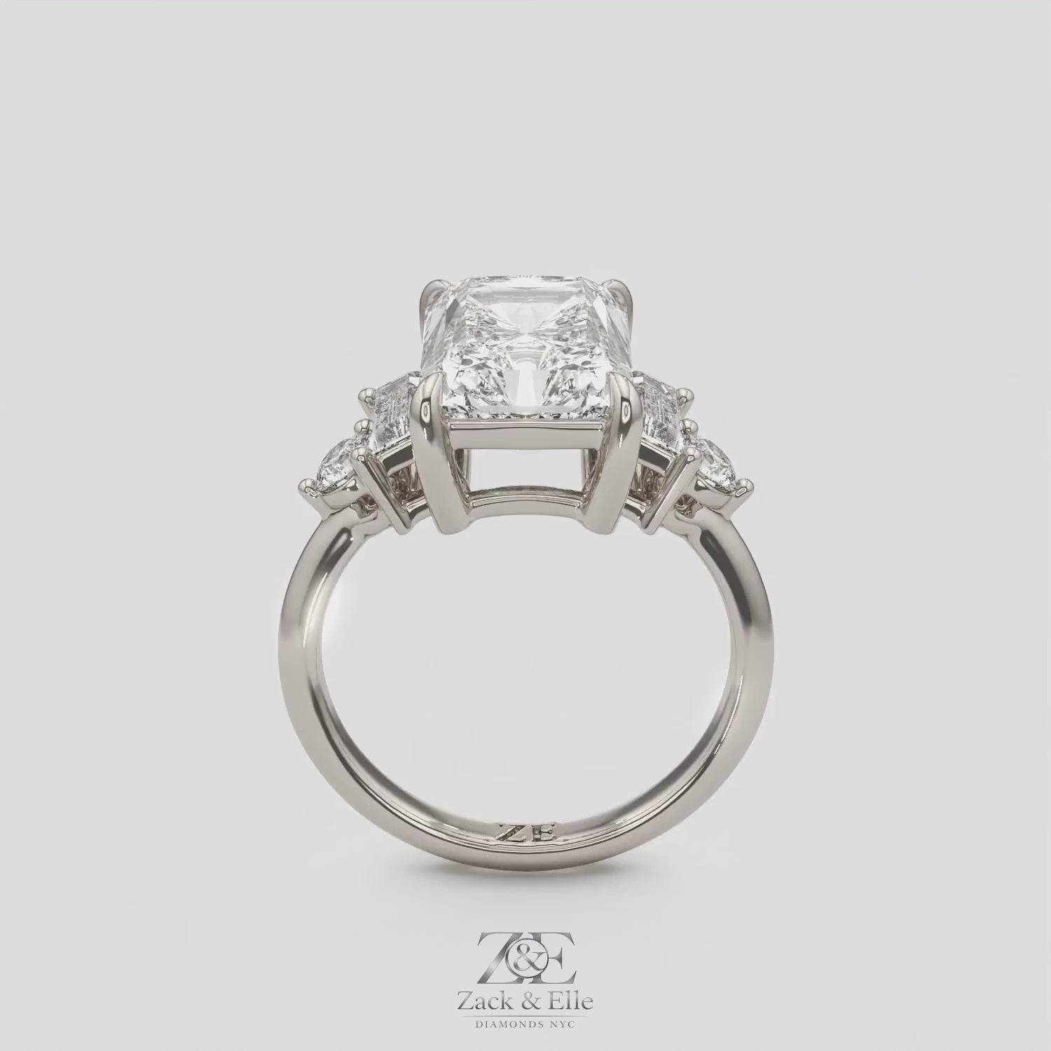 4.70 Ct E Color VS1 Radiant Cut Diamond Ring With Baguette and Round Accents, in white gold, 360 spin