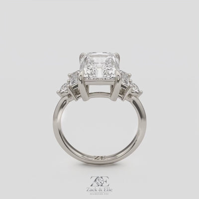 4.70 Ct E Color VS1 Radiant Cut Diamond Ring With Baguette and Round Accents, in white gold, 360 spin