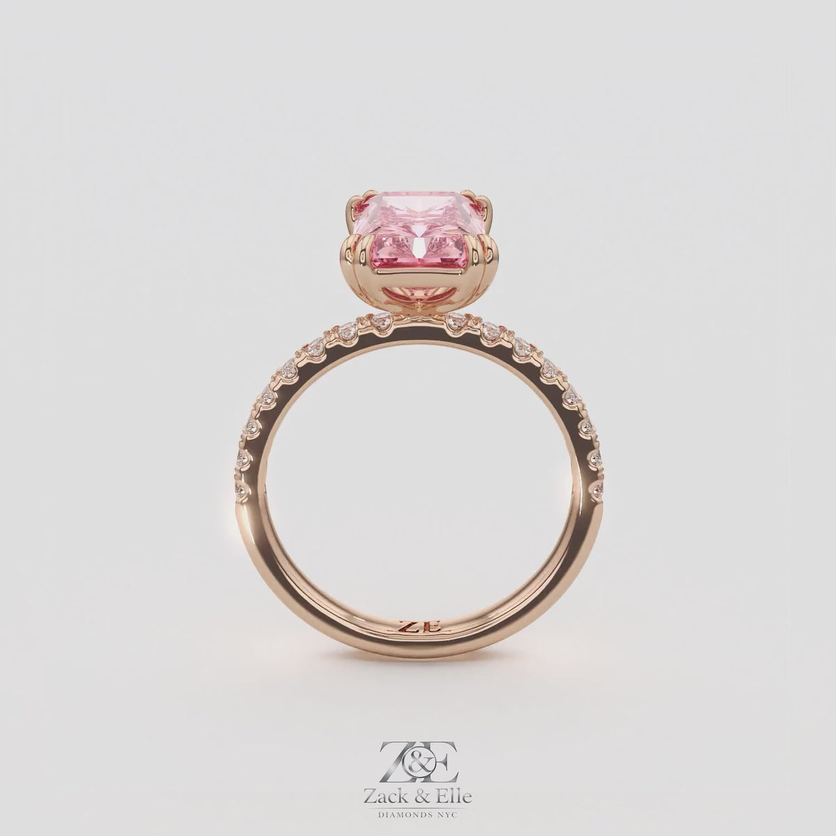 3.30 Ct Fancy Vivid Pink VS2 Radiant Lab-Grown Diamond Ring with Round Accents, in rose gold, 360 spin