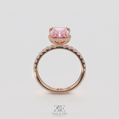 3.30 Ct Fancy Vivid Pink VS2 Radiant Lab-Grown Diamond Ring with Round Accents, in rose gold, 360 spin