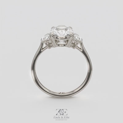 3.50 Ct E VS1 Cushion Lab Grown Diamond Three Stone Ring, in white gold, 360 spin