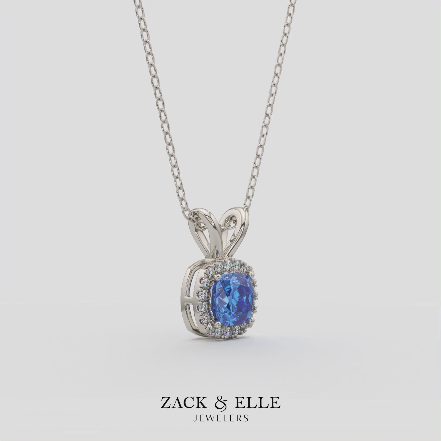 2.90 Ct Cushion Blue Sapphire Diamond Halo Pendant, in white gold, 360 spin