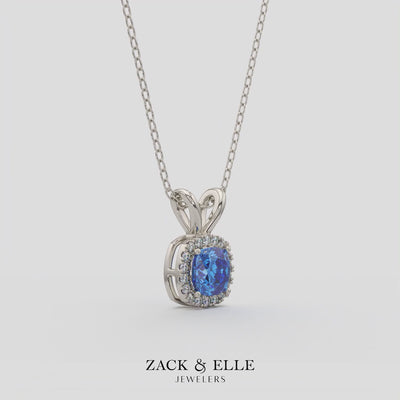 2.90 Ct Cushion Blue Sapphire Diamond Halo Pendant, in white gold, 360 spin