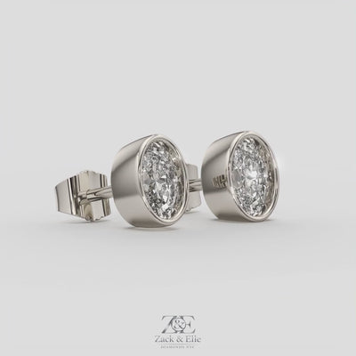 2.00 Ct E VS1 Oval Cut Full Bezel Diamond Studs, in white gold, 360 spin