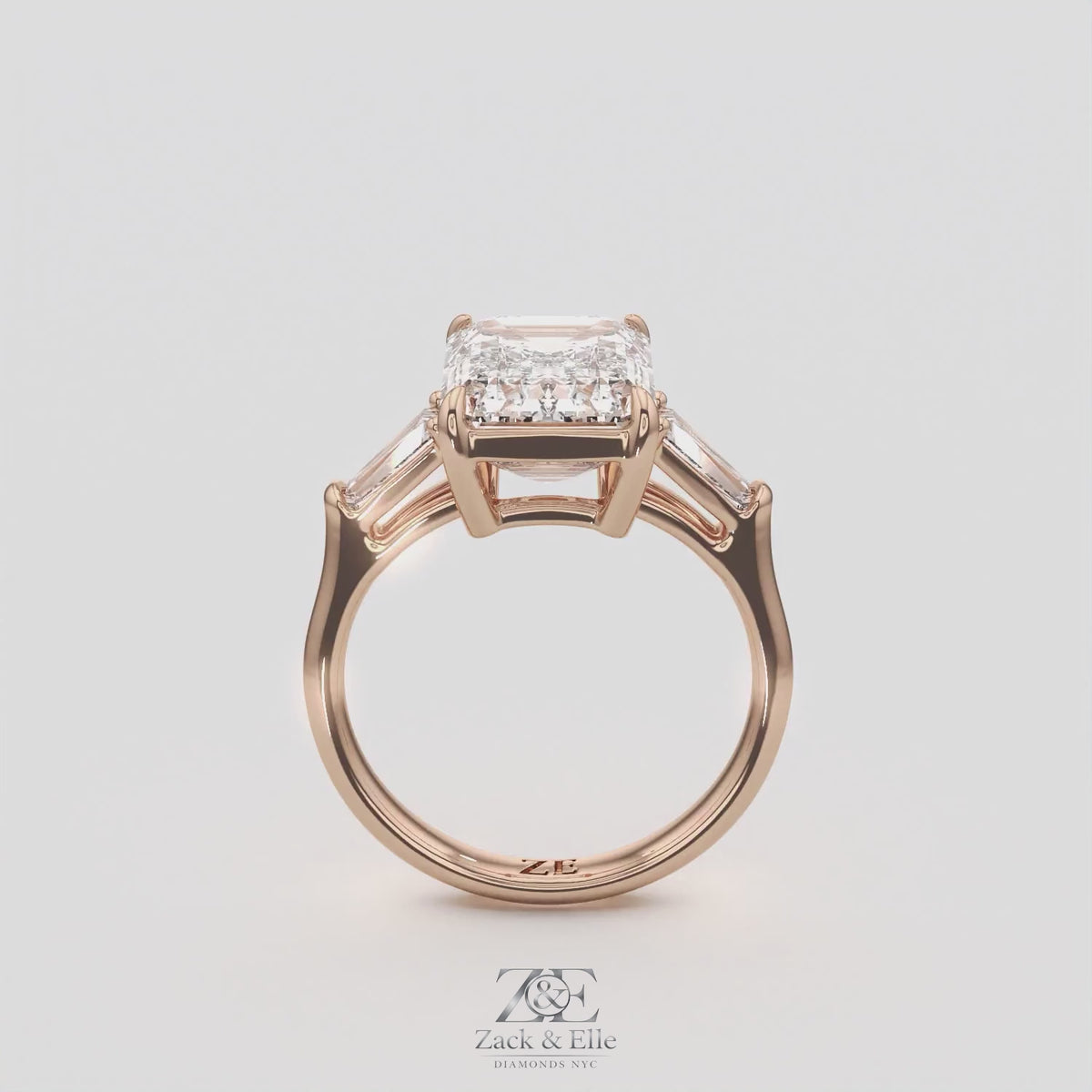 5.60 Ct E VS1 Emerald Cut Lab-Grown Diamond Three Stone Ring with Tapered Baguettes, in rose gold, 360 spin