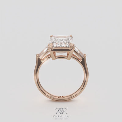 5.60 Ct E VS1 Emerald Cut Lab-Grown Diamond Three Stone Ring with Tapered Baguettes, in rose gold, 360 spin