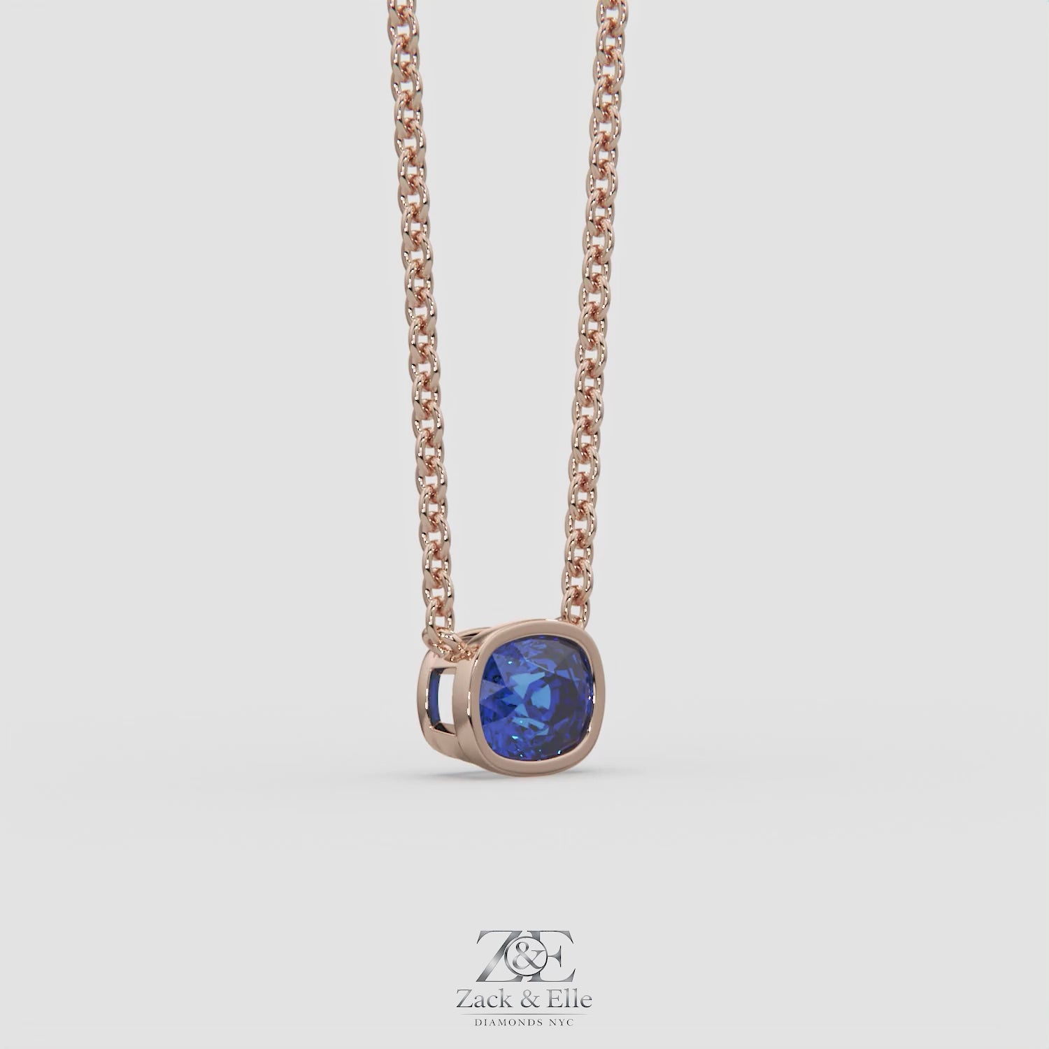 3.00 Ct Cushion Blue Sapphire East West Pendant, in rose gold, 360 spin